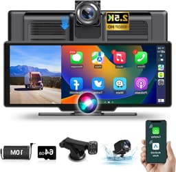 Draadloos Apple Carplay Display – Android Auto Scherm – Auto Infotainmentsysteem – Touchscreen Navigatie – Dashcam Voor en Achter – 10,26 Inch HD IPS – 2,5K Frontcamera & 1080p Achteruitrijcamera – Bluetooth 5.0 & 64GB TF-kaart — thumbnail 1
