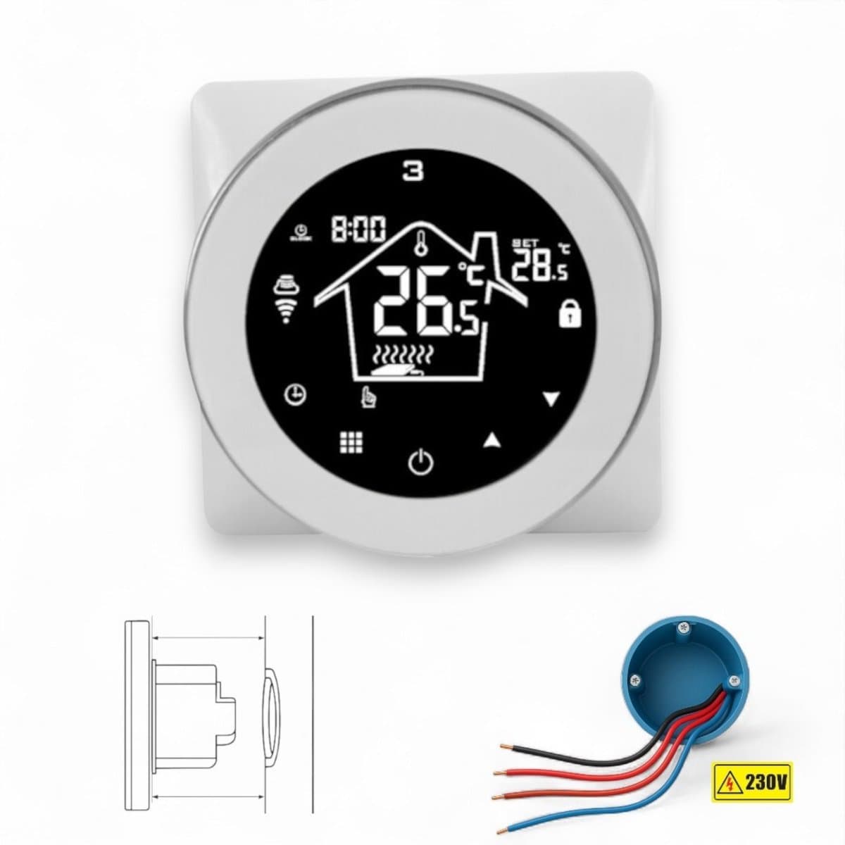 Slimme inbouw thermostaat | CV | Touchscreen | Tuya Smart Life & Google Home Alexa | Wit | 230V bedraad — afbeelding 1