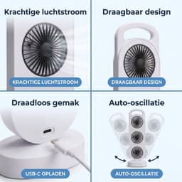 Lomera Torenventilator Oplaadbaar - Draadloze Kolomventilator USB - Tafelventilator 3 Koppen 3 Snelheden - Oscillerend Bureau Ventilator Draagbaar Stil - Wit — thumbnail 3