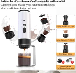 Draagbaar Koffiezetapparaat - Draadloos voor in de Auto - 12 Volt - Espress - Capsule Koffie - Gemalen Koffie - Cups - Oplaadbaar - Draagbare Koffiemachine - Wit — thumbnail 5