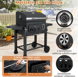 COSTWAY houtskoolgrill, grillwagen met deksel, wielen, 2 inklapbare zijtafels, grillrooster, thermometer, 6-voudige houtskoolhouder en opbergvak, staande grill, kolengrillwagen — thumbnail 5