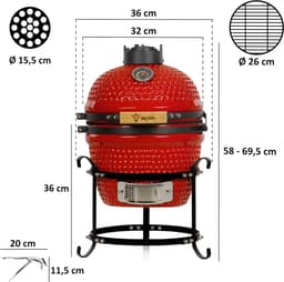 Kamado Barbecue – Keramische Grill – Houtskool Barbecue – Rookoven – Mini Grill – Diameter 32 cm – Thermometer In Deksel – Houten Handvatten – Rood — thumbnail 3