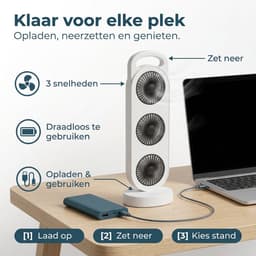 Cheqo® Tafelventilator - Tafel Ventilator - Kolomventilator - Mini Ventilator - Kleine Ventilator - USB Ventilator - Oplaadbare Ventilator - Draadloze Ventilator - Bureauventilator - Witte Ventilator - Zwenkende Ventilator — thumbnail 3