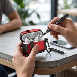 Rood robuust hoesje voor oordopjes met carbon look geschikt voor AirPods Pro 2 inclusief schoonmaakset en karabijnhaak – schokbestendig en duurzaam — thumbnail 4