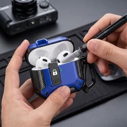 Blauw robuust hoesje voor oordopjes met carbon look geschikt voor AirPods Pro 2 inclusief schoonmaakset en karabijnhaak – schokbestendig en duurzaam — thumbnail 4