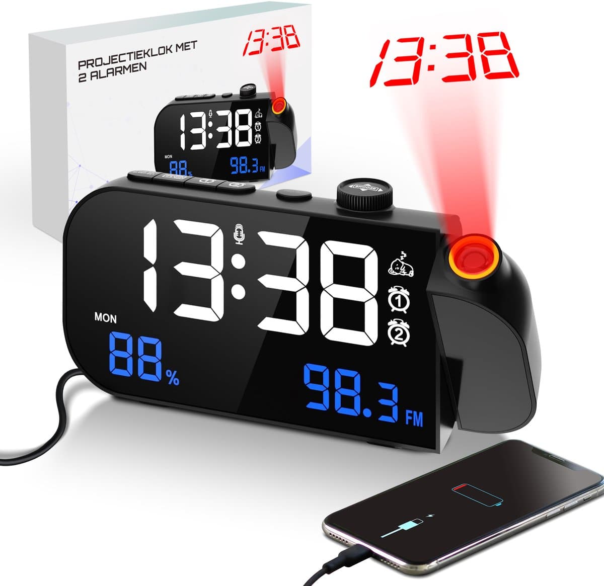 TM&DY - Digitale Wekkerradio met Projectie - Met Spraakbesturing, FM, Temperatuur & Luchtvochtigheid – Dimbaar LED Display & Dubbele Alarmfunctie - Wekkers Digitaal - Wekker met Projectie op Plafond - Projectiewekker - Projectieklok — afbeelding 1