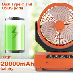 Campingventilator met LED-licht en powerbank - Ventilator - 20000 mAh - Mini Ventilator - Tafelventilator - Kleine Ventilator - Draagbare Ventilator - Handventilator - LED Verlichting & Powerbank - USB Oplaadbaar - Met afstandsbediening - Oranje — thumbnail 5