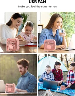 Ventilator - Fan - Tafelventilator - Stil en compact - Antislip ontwerp - USB - voeding - 360° verstelbaar - Draagbare ventilator met 3 snelheden - Geschikt voor kantoor, thuis en in de zomer - 2 - pack blauw en roze — thumbnail 4