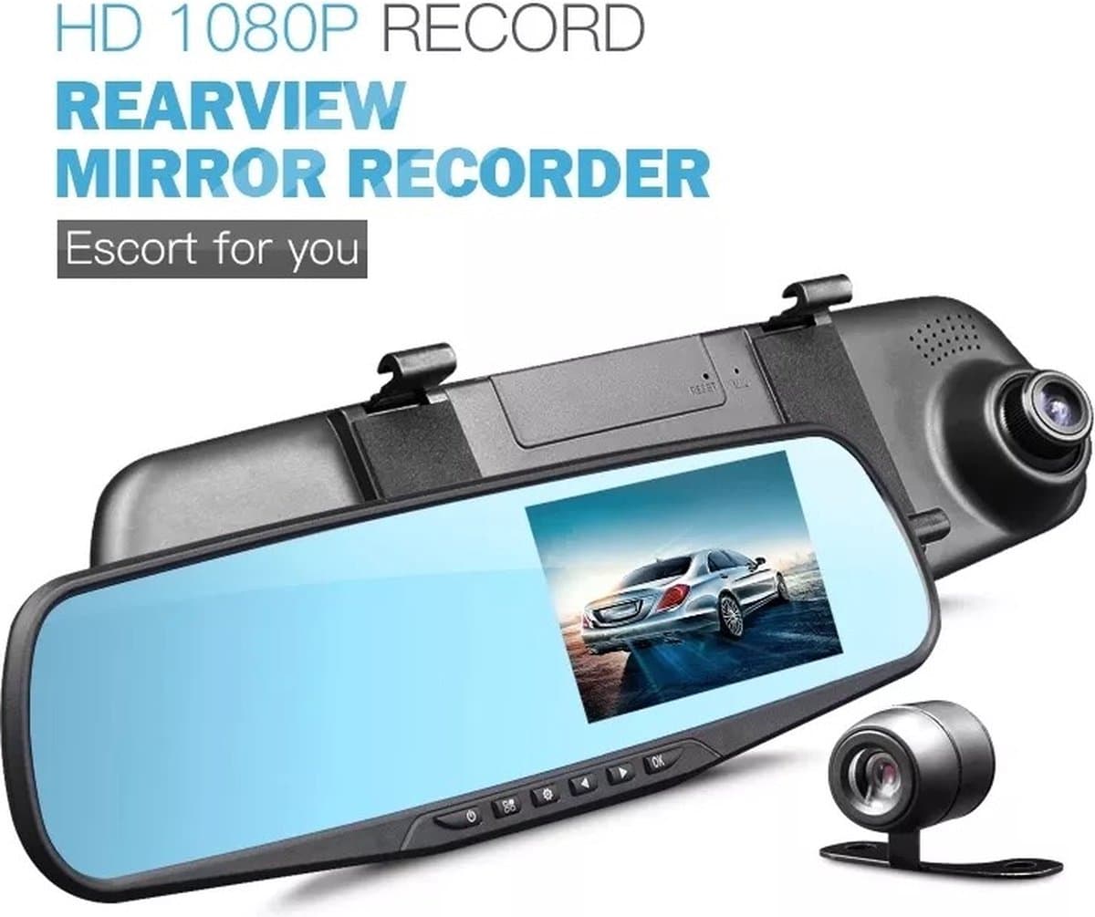 TechU™ Dashcam Voor en Achter Camera – M31 Zwart – Dashboardcamera – 4.3” Scherm & 12.2” Spiegel – G-sensor – Bewegingssensor – Loop recording – Nachtvisie – 130° Wijdhoeklens – Incl. Achteruitrijcamera - voor auto — afbeelding 1