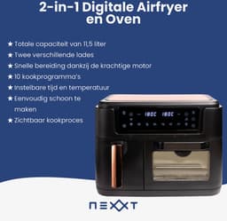 Nexxt Dubbele Airfryer XXL – Heteluchtfriteuse en Oven in één – Twee Lades van 3,5 en 8 Liter - 11,5 Liter – 10 Kookprogramma’s – 2400W – Zwart — thumbnail 2