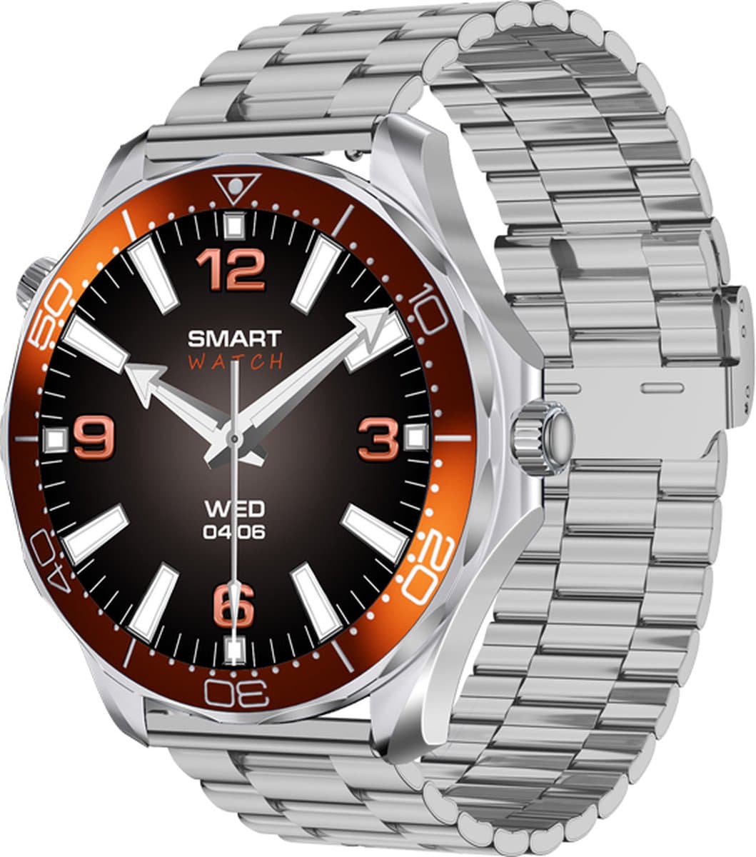 WizBay Premium Select® 1.53 inch HD TFT - Bluetooth Bellen - Message - Dynamic Hartslag & Slaap Monitor - Bloeddruk & Bloedzuurstofmeting - 100+ Sport Modi - 400mAh - Wireless Laden - Zilveren Case - RVS Zilver Band met Extra Oranje TPU Band — afbeelding 1
