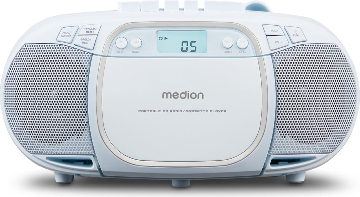 MEDION E66476 Stereo Geluidssysteem (boombox, CD-speler, MP3, cassette, draagbare cassettespeler voor kinderen, FM-radio, AUX, hoofdtelefoon, netvoeding & batterij) blauw — afbeelding 1