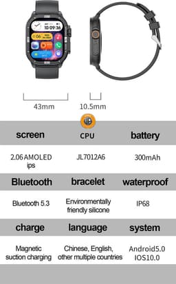 WizBay Premium Select® 2.06 inch AMOLED - Bluetooth Bellen - Message - Dynamic Hartslag & Slaap Monitor - Bloeddruk & O2 - 100+ Sport Modi - 650mAh - Magnetic Laden - Zink Alloy Zwarte Kast - Zwart TPU Band — thumbnail 2