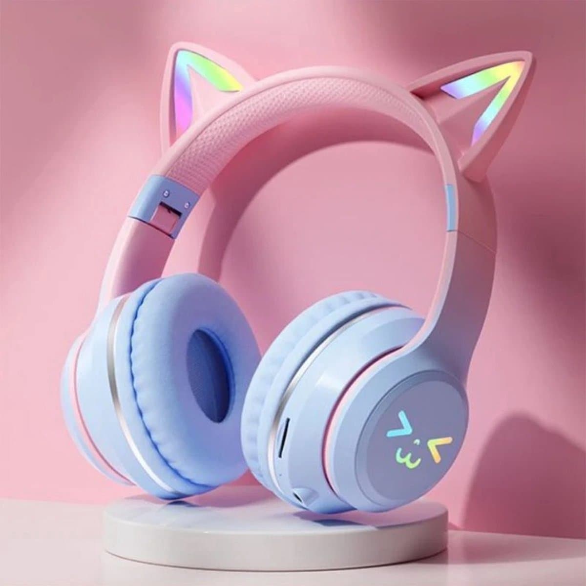 Koptelefoon Kinderen - headset draadloos - LED verlicht - kat - kattenoortjes - opvouwbaar - bluetooth - 10 uur batterijleven - Roze — afbeelding 1