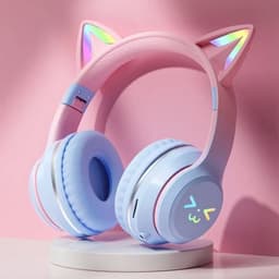 Koptelefoon Kinderen - headset draadloos - LED verlicht - kat - kattenoortjes - opvouwbaar - bluetooth - 10 uur batterijleven - Roze — thumbnail 1