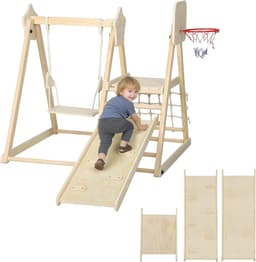 5-in-1 Montessori Indoor Houten Klimdriehoek met Glijbaan, Schommel, Klimnet en -bord, Basketbalring, Opvouwbaar Speelplaats voor Kinderen van 3-6 Jaar, Natuur — thumbnail 1
