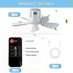 Campingventilator met verlichting – Plafondventilator met licht & afstandsbediening, LED-campinglamp met oplaadbare ventilator (via USB), timer, instelbare snelheid voor tenten (40 cm, 10800 mAh) [Energieklasse A] — thumbnail 4