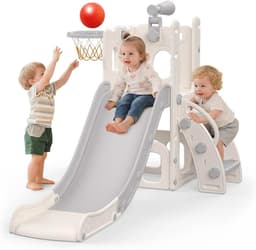 5-in-1 glijbaan voor kinderen, voor binnen en buiten, speelplaats voor kinderen met basketbalmand, opbergruimte en telescoop, speelplaats voor kinderen vanaf 1 jaar, grijs — thumbnail 1