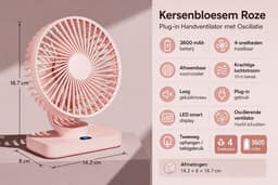 VHV-Bureauventilator met LED-Display - Oplaadbare Ventilator met 5 Snelheden - Oscillerende Tafelventilator - Stille Ventilator voor Thuis en Kantoor - Kersenbloesem Roze — thumbnail 2