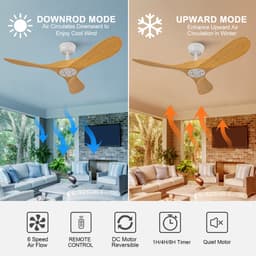 Re-purelife® Koel Zomer Collectie Plafondventilator 107×107×38 cm - Zonder Verlichting met Afstandsbediening, 6 Snelheden, Omkeerbare Gelijkstroommotor en 3 ABS-Bladen - Wit/Naturel voor Slaapkamer en Eetkamer - winter- en zomerfuncties — thumbnail 3