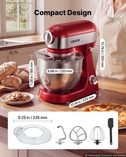 VEVOR Elektrische Staande Mixer 5L 1000W Deegmachine voor Koekjesdeeg en Crème, Deegkneedmachine met 10 Snelheidsinstellingen, SUS304 Mengkom, Kantelbare Kop, Spatbescherming en Antislipvoetjes, Rood — thumbnail 3