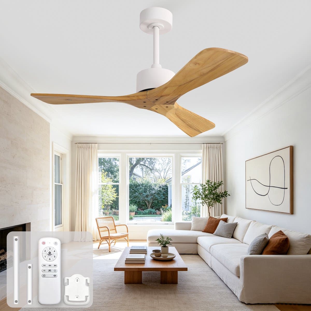 Moderne 42-inch plafondventilator zonder lamp - Afstandsbediening - Stille omkeerbare DC-motor - 6-snelheden omkeerbare ventilatorinstellingen - Drie propellerbladen van massief natuurhout - Modern design — afbeelding 1