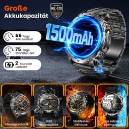 FOSMET GPS Smartwatch Heren - Militair Smartwatch - 1,8 Inch - AMOLED Scherm - 1500mAh - 24/7 Hartslagmeter, SpO2 & Slaapmonitor - 100+ Sportmodi, Kompas, Barometer & Hoogtemeter - LED-Zaklamp - IP68 Outdoor Sporthorloge - Inclusief 2 Bandjes - Zwart — thumbnail 3
