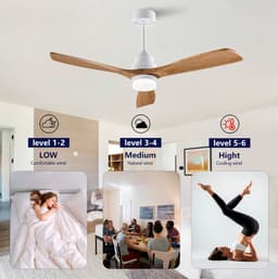 HAUSS SPOLE Ventilator – 132 cm – Met Verlichting En Afstandsbediening – Metaal En Massief Hout – Wit En Naturel – Voor Woonkamer En Slaapkamer — thumbnail 5