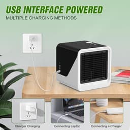 Draagbare luchtkoeler–3-in-1 draagbare persoonlijke airconditioner – Watertank van 500 ml – 3 ventilatorsnelheden & ledverlichting in 7 kleuren – Ventilator met verdampingskoeling (USB-voeding) – Geschikt voor kamers, bureaus en kantoren – Zwart — thumbnail 2