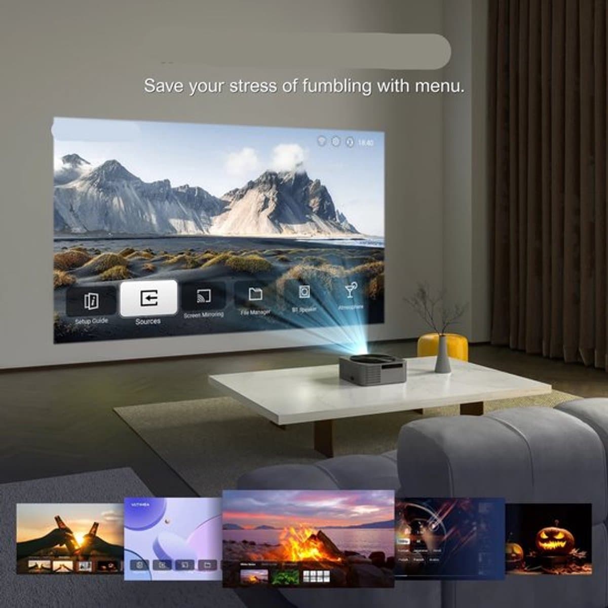 Beamer - Projector - Mini Projector - Full HD Native 1080P - met 120-inch E-ALR Projectorscherm & Stand – Outdoor Camping & Home Theater – EU Plug — afbeelding 1