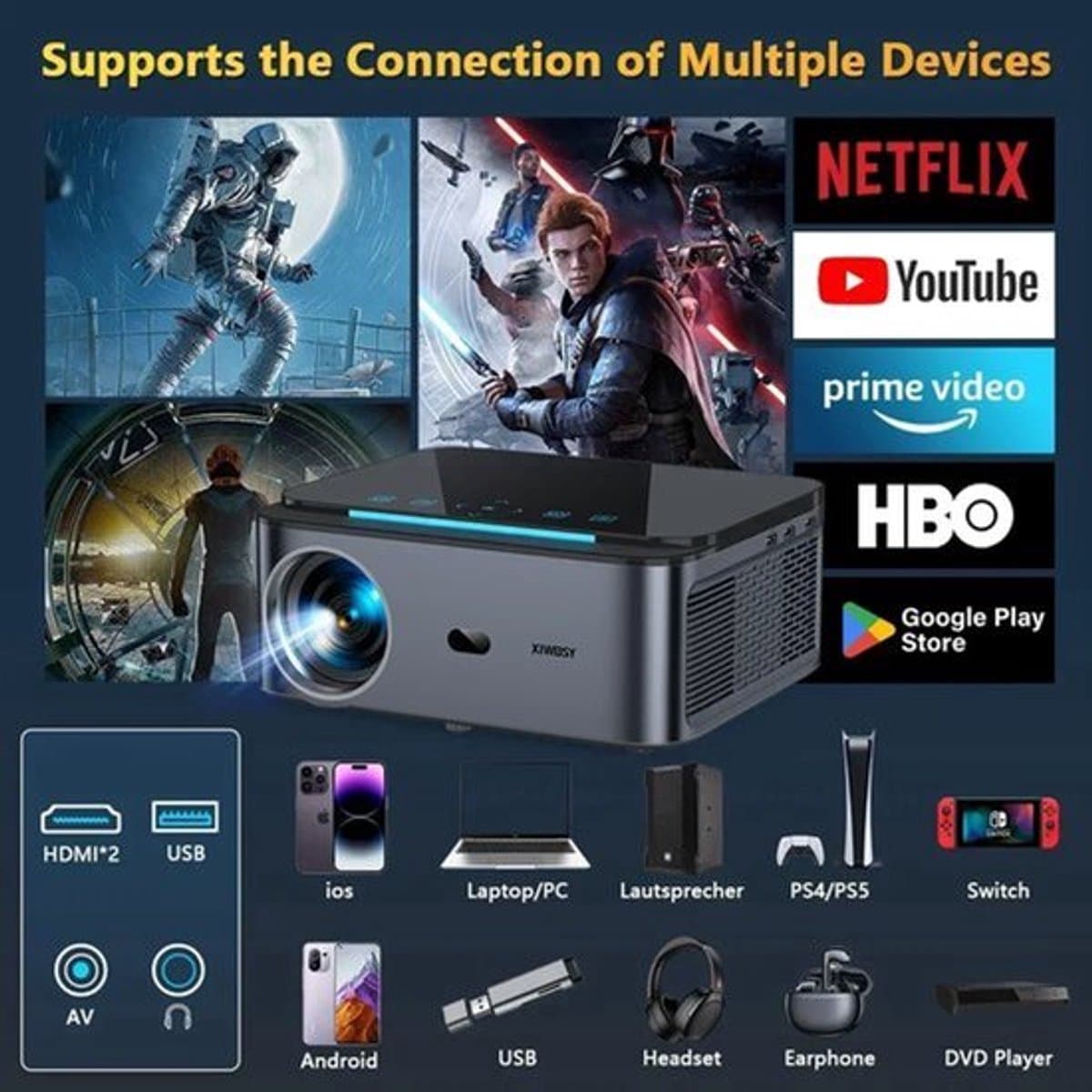 Xiwbsy - 8G Manual Focus1 - Beamer - Projector Beamer - Mini Meamer - 4k - Full HD 1080P - 1920x1080dpi - Automatische focus - met WiFi - 25000Lumens - 108W - Zwart — afbeelding 1
