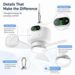 Draagbare Plafondventilator met Licht - Oplaadbare Camping Ventilator met Afstandsbediening - Stille Tentventilator voor Outdoor & Kamperen - Wit — thumbnail 4