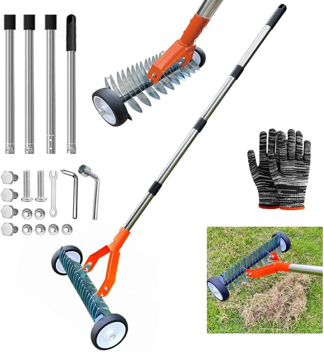SnelShoppen - Handmatige Scharifier met Wielen, 165 cm Handvat, Tuinaerator, Metalen Tuinschraper, Verstelbare Scharifier voor een Gezonde Grasmat — afbeelding 1