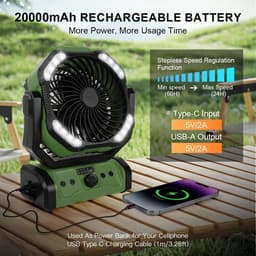 20000 mAh USB-campingventilator met LED-verlichting, draagbare oplaadbare bureau-/tentventilator met afstandsbediening en haak, 270° draaibare kop voor vissen en als windscherm. — thumbnail 5