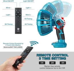 Makita 18V Li-ion accu draagbare ventilator met verlichting, stille USB oplaadbare bureauventilator met afstandsbediening, 4-uurs timer, krachtige luchtstroom, 3 snelheden — thumbnail 5