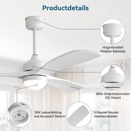 Plafondventilator Met Lamp - 3 Hout Bladen - Ø 52 inch - Dimbare lamp - Met Afstandsbediening - 6 ventilatorstanden - Geluidsarme werking - LED's Light - Wit — thumbnail 2