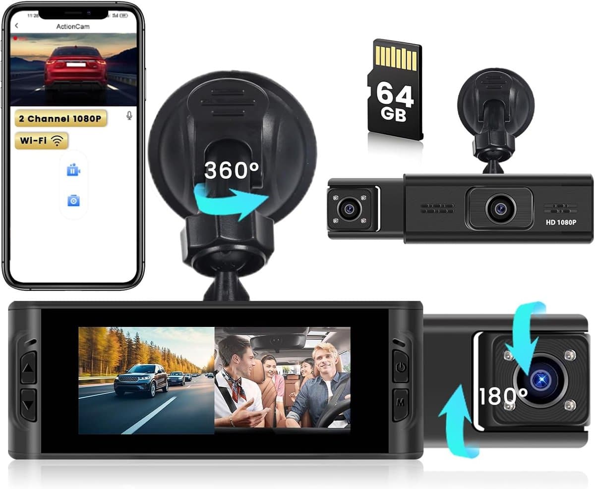SnelShoppen - WiFi DashCam Auto met 64GB SD Kaart, Draadloze G-Sensor Voorzijde en Interieur, FHD 1080P, Loopopname, Bewegingsdetectie, Aanpassingen B — afbeelding 1