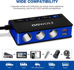 SnelShoppen - OOWOLF Sigarettenaansteker Auto, 3-Way 180W 12V/24V Auto Distributeur Socket met QC 3.0 Snellader, Voltmeter en 4 USB Poorten voor GPS, — thumbnail 5