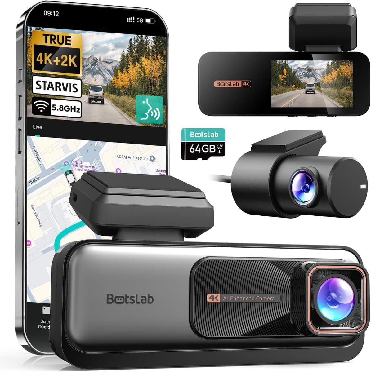 SnelShoppen - 4K Dashcam Auto voor en Achter met Wifi, GPS, ADAS, Spraakbediening, Nachtzicht, WDR, 64 GB Kaart, 24/7 Parkeerbewaking, Loop-opname, Co — afbeelding 1