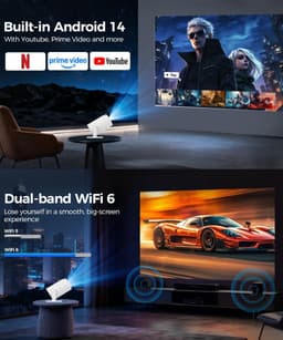 SnelShoppen - Draagbare Projector met Android 14, Miniprojector 4K 1080P Full HD, 200ANSI 8000L, 5G WiFi, BT 5.4, Bioscoopprojector 180° Draaibaar voo — thumbnail 3