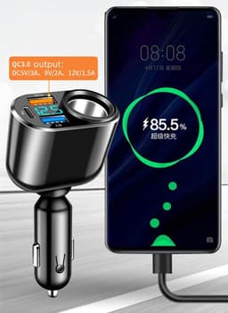 SnelShoppen - Car Charger, 4-in-1 Sigarettenaansteker Adapter, 90W Splitter met QC3.0 & PD 30W, LED Voltmeter voor GPS, Dashcam, Navigatie — thumbnail 2