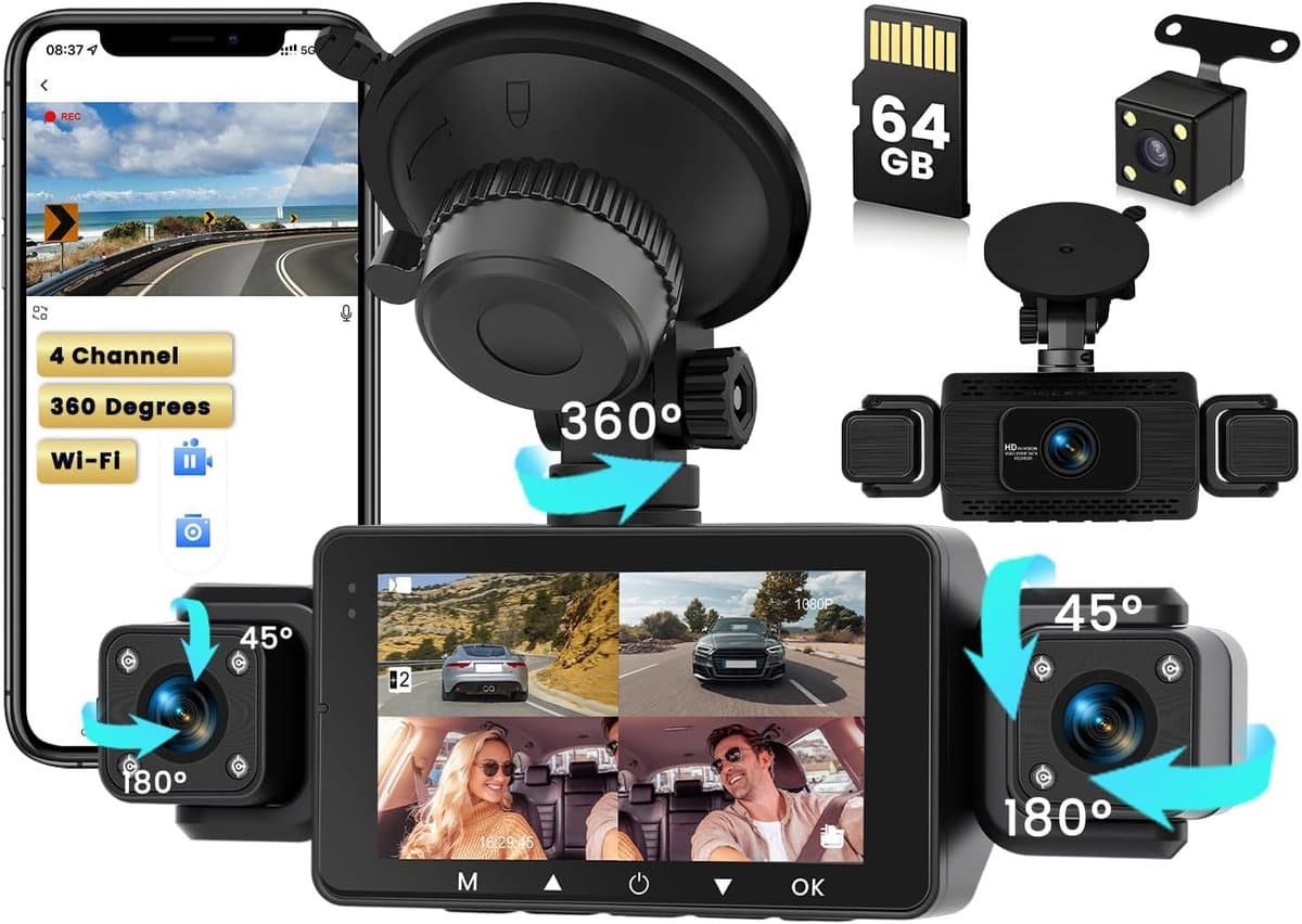 SnelShoppen - Wi-Fi Dashcam 1080P FHD Mini Auto Camera met 64GB Kaart, 3 Camera's voor Voor, Achter en Zijkanten, G-Sensor, Nachtzicht, Parkeerbewakin — afbeelding 1