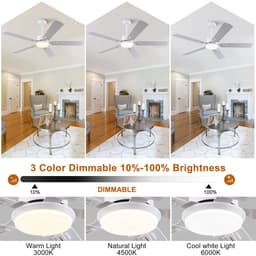 Plafondventilator 52 inch met Licht en Afstandsbediening - Dimbare LED-verlichting - 6 snelheden met omkeerbare motor - Geschikt voor slaapkamer - Vlak modern design - 5 bladen met tweekleurige afwerking (wit & natuurhout) — thumbnail 4