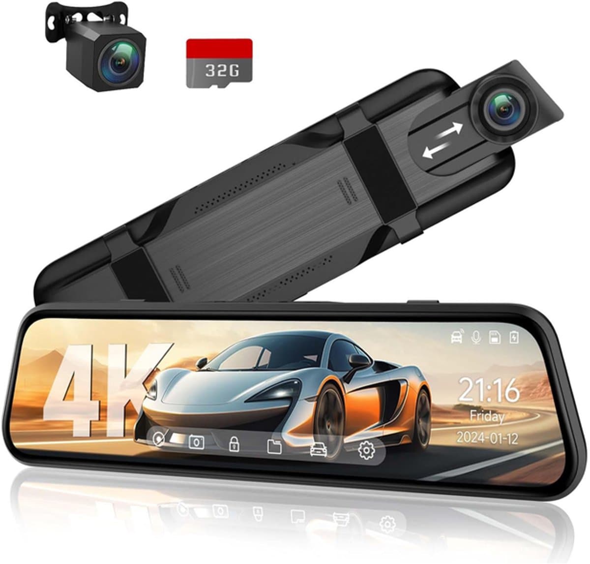 KZQ Dashcam met achteruitrijcamera 4K 10 inch IPS-touchscreen spiegelcamera voor auto voor en achter opname met voice control nachtzicht parkeerstand bewegingsdetectie incl 32GB SD-kaart — afbeelding 1