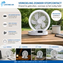 Lifetime Air Tafelventilator Oplaadbaar - Mini USB Ventilator 1200mAh - 5 Snelheden En LED Display - 21x20,5x23cm - Wit — thumbnail 3