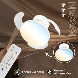 BRILONER Raven - Plafondventilator met verlichting - LED plafondlamp met ventilator - ventilator lamp zomer- en wintermodus - dimbaar - CCT - Ø44cm - wit — thumbnail 5