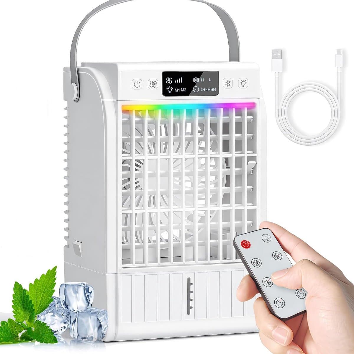 Mini-luchtkoeler, mobiel, 4-in-1 draagbare airconditioning, klein met afstandsbediening, 1500 ml watertank, 4 snelheden, 2 mistmodi, RGB-licht, timer, ventilator met waterkoeling voor keuken — afbeelding 1