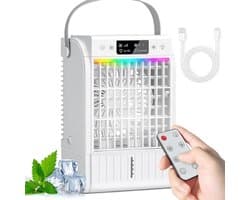 Mini-luchtkoeler, mobiel, 4-in-1 draagbare airconditioning, klein met afstandsbediening, 1500 ml watertank, 4 snelheden, 2 mistmodi, RGB-licht, timer, ventilator met waterkoeling voor keuken