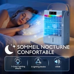 Mini-luchtkoeler, mobiel, 4-in-1 draagbare airconditioning, klein met afstandsbediening, 1500 ml watertank, 4 snelheden, 2 mistmodi, RGB-licht, timer, ventilator met waterkoeling voor keuken — thumbnail 4