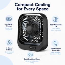 VHV - Bureauventilator - Oplaadbare mini ventilator met LED-display - 3 standen en 360° draaibaar - Zwart — thumbnail 3